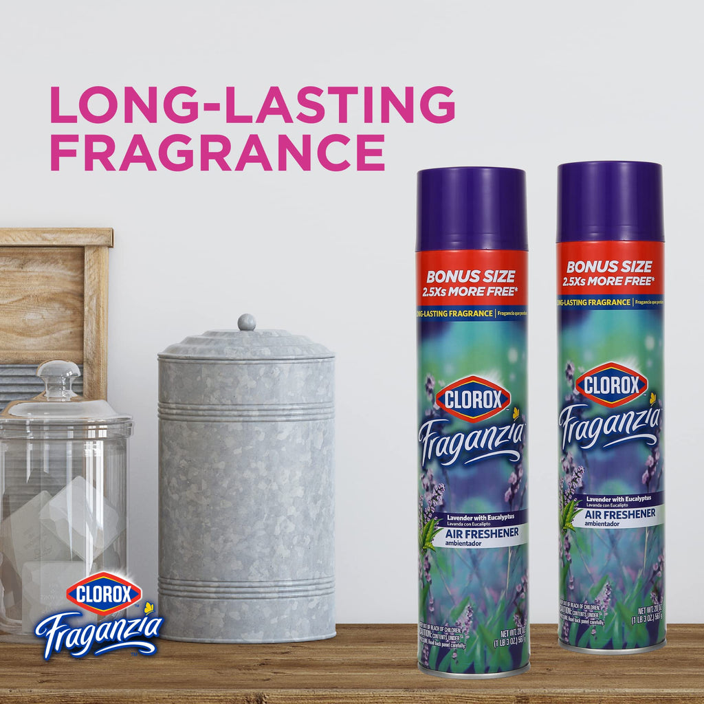 Clorox Fraganzia Aerosol Air Freshener in Lavender with Eucalyptus Scent - Long-Lasting Room Spray, Odor Eliminator for Home, Bathroom, and Bedroom, 20 oz Bonus Size - 12 Pack
