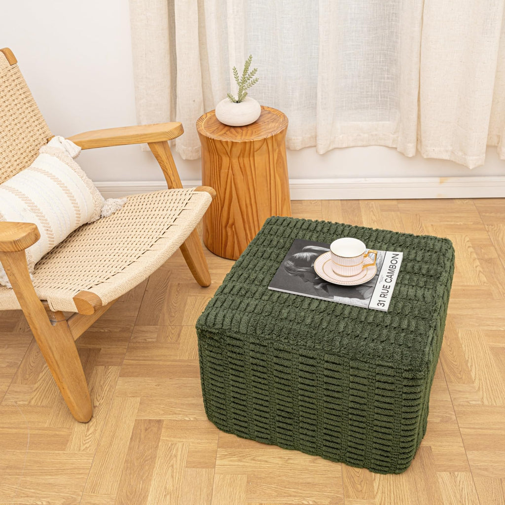Poofieotto 20x20x14 Inches Fluffy Square Pouf Ottoman - Plush Furry Boneless Ottoman Foot Rest Stool with High-Density Foam, Versatile Floor Seating for Living Room (Green)