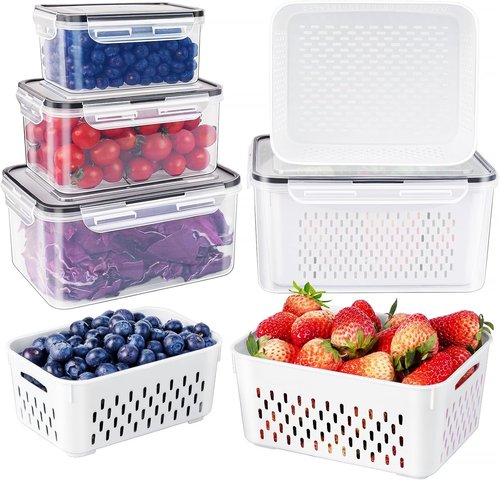 Freshmage Fruit Storage Containers - Airtight Produce Saver with Removable Colander | 4 Pcs Clear, Dishwasher Safe