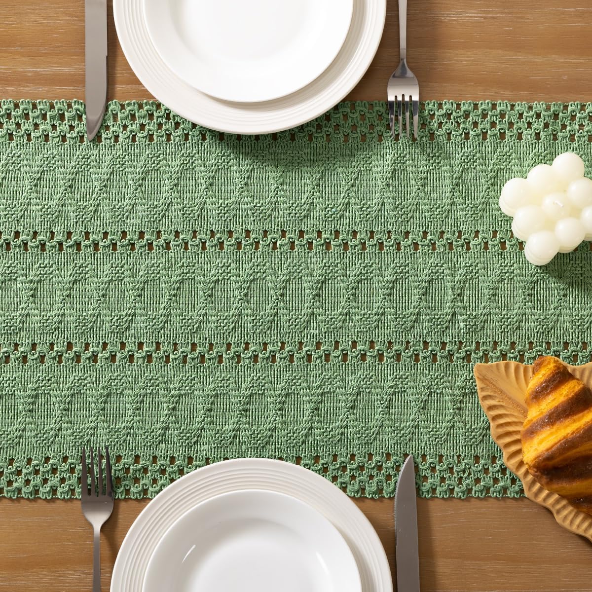 Socomi Sage Green Boho Table Runner - Rustic Macrame Woven Cotton Linen Decor | 12x60 Inch for Dining & Coffee Tables