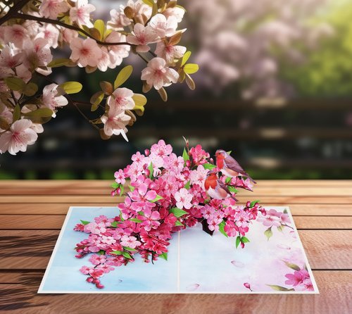 PQ Bees Robins Couple w Cherry Blossom Pop Up Anniversary Cards, 6x8in Wedding Anniversary Card, Valentines Day Card, 3D Gift Card for Her, Him, Husband, Wife (Cherry Blossom Robins Couple)