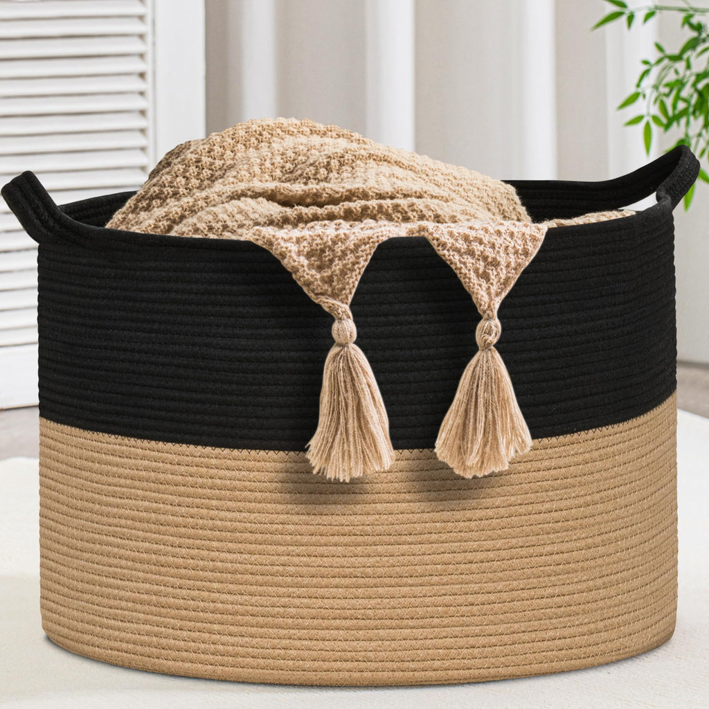 Gosipeya XXXLarge Woven Cotton Rope Basket (21.7" x 13.8") – Blanket Basket for Living Room, Laundry Hamper, Baby Laundry Hamper, Toy Storage, Pillows & Cushions Organizer (Black&Brown)