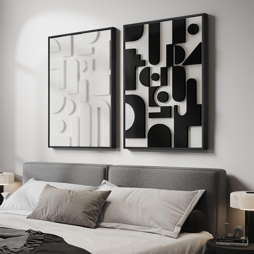 Skiennix Large 3D Textured Black and White Abstract Wall Art - Set of 2 Modern Paintings | 24x36 In Minimalist Decor