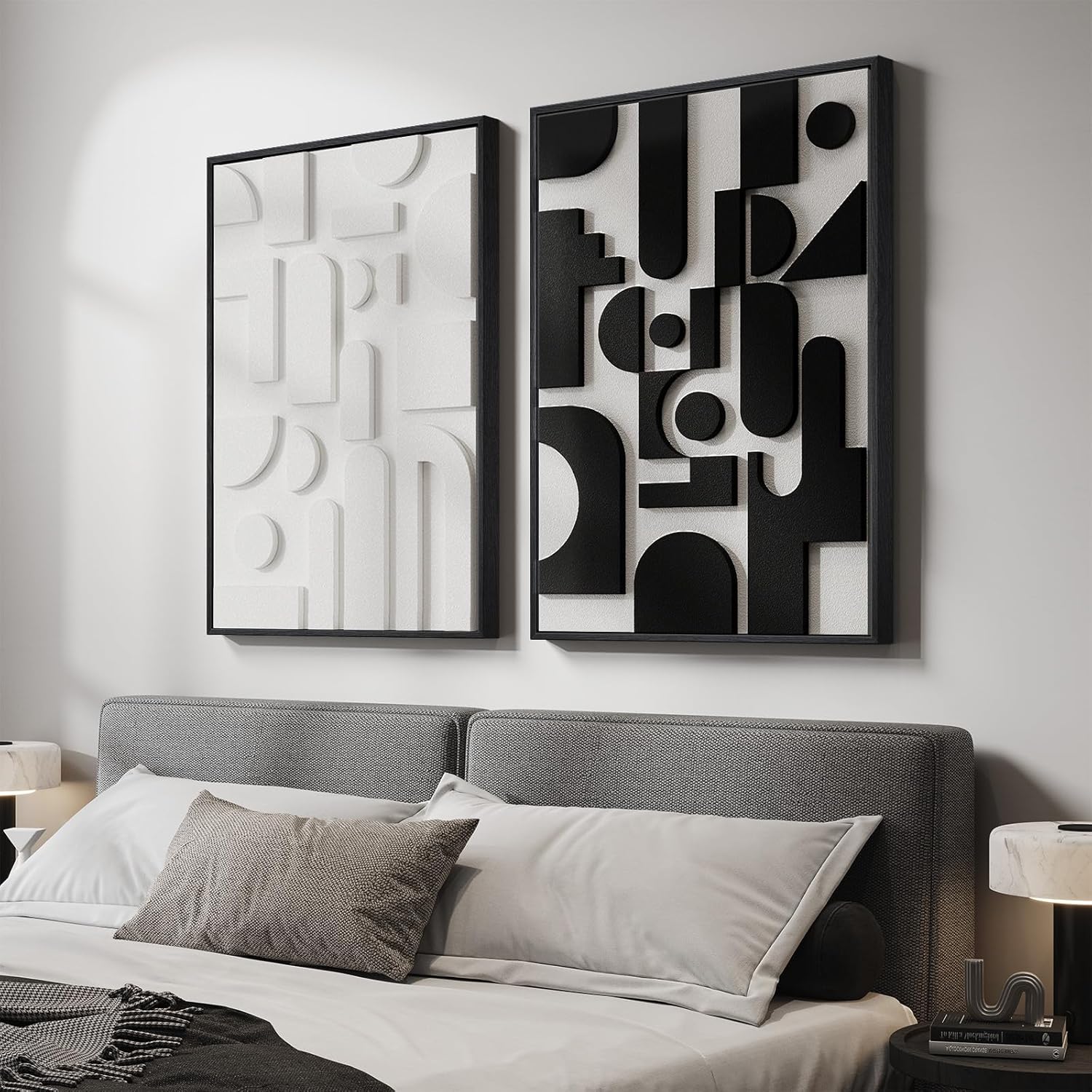 Skiennix Large 3D Textured Black and White Abstract Wall Art - Set of 2 Modern Paintings | 24x36 In Minimalist Decor