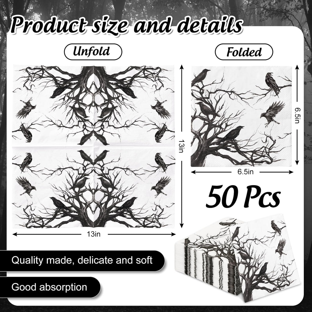Generic 50Pcs Halloween Paper Napkins Disposable Silhouette Tree Crows Luncheon Napkins Black Dinner Hand Napkins for Party Supplies Table Decor, 6.5 x 6.5 inch