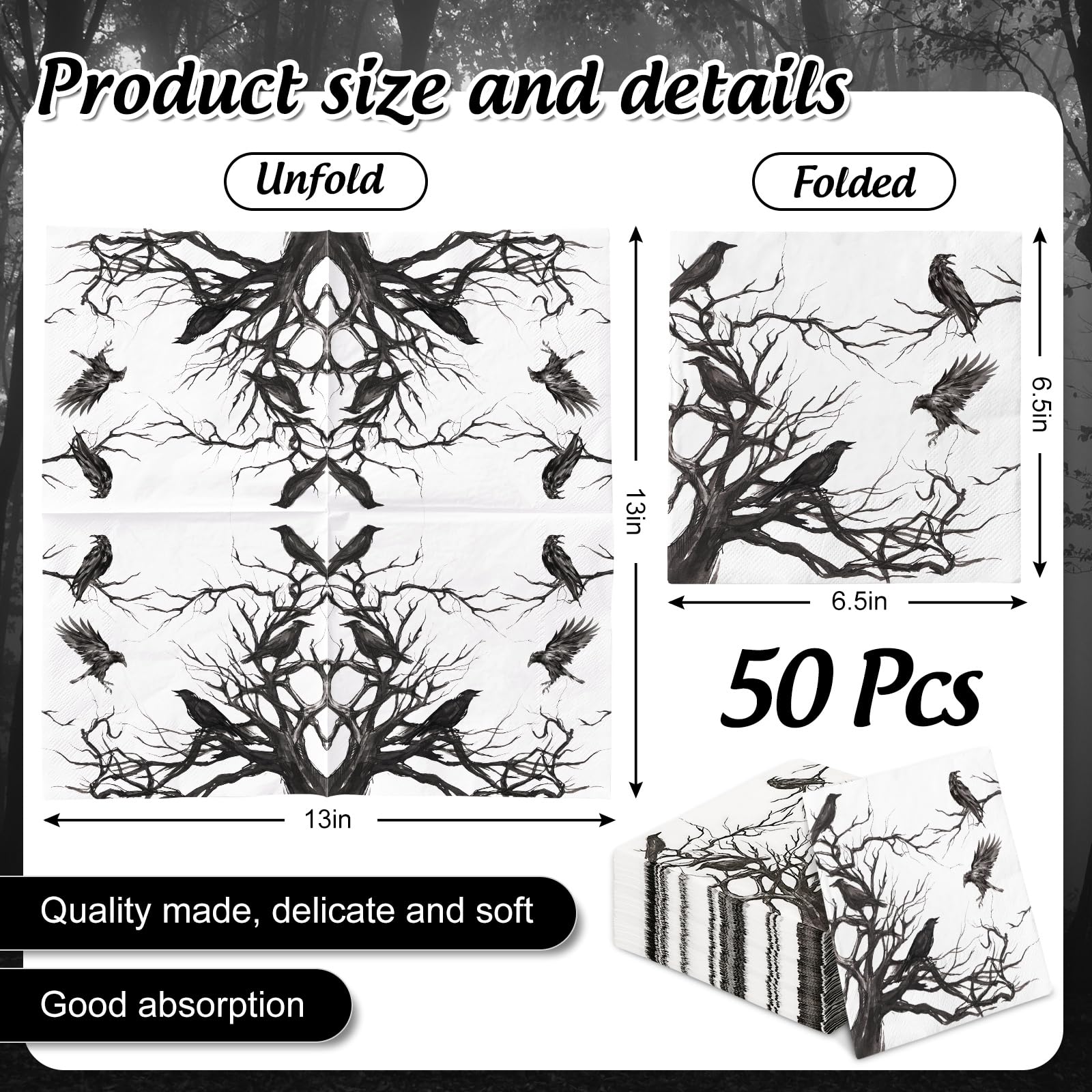 Generic 50Pcs Halloween Paper Napkins Disposable Silhouette Tree Crows Luncheon Napkins Black Dinner Hand Napkins for Party Supplies Table Decor, 6.5 x 6.5 inch