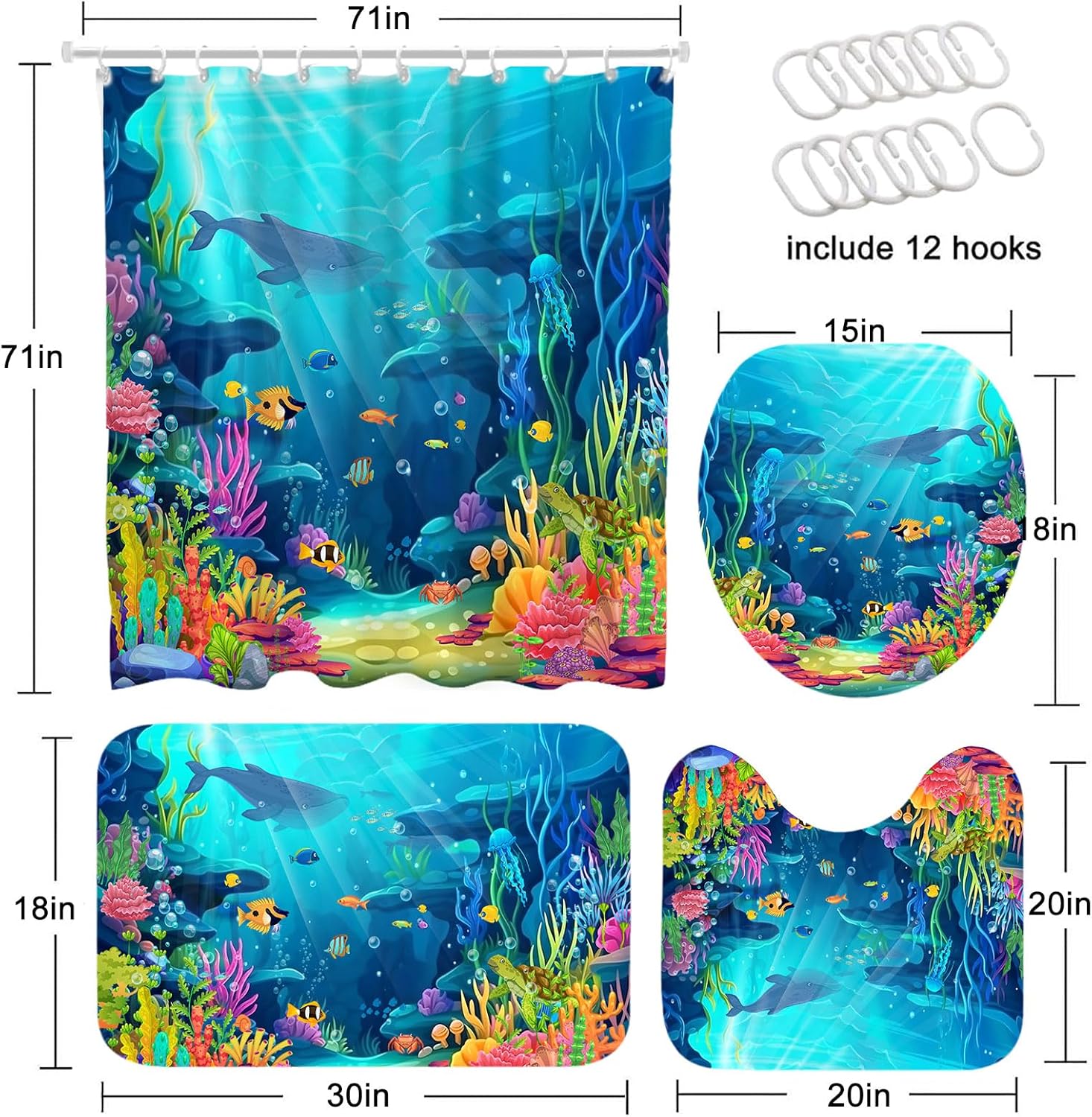 Skiennix Ocean Shower Curtain Set - Tropical Underwater World Design with Non-Slip Bath Rugs | 4-Piece Kids Bathroom Decor