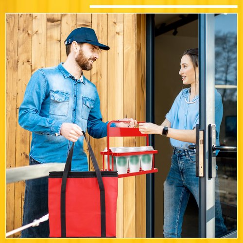LEIFEOSH Reusable 6 Cup Drink Carrier with Handle and Insulated Bag for Hot and Cold Drink/Food, Foldable Plastic Cup Holder and Large Capacity Insulated Food Bag for Travel and Delivery, Red