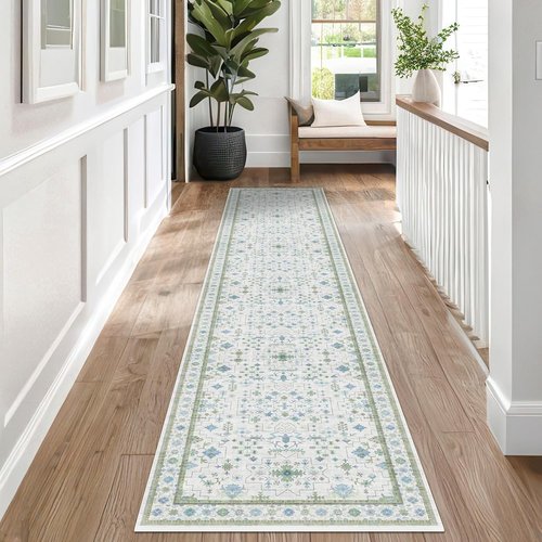 Hazo Haus Oushak 3x12 Wide Hallway Runner Rug - Vintage Turkish Floral Design | Washable Low Pile, Non-Slip - Light Blue & Green