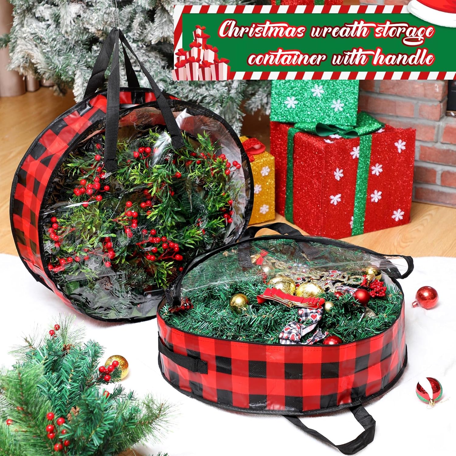 Shappy Christmas Wreath Storage Bag - 4 Pcs with Clear Window & Handles | Red Black, 24 Inch