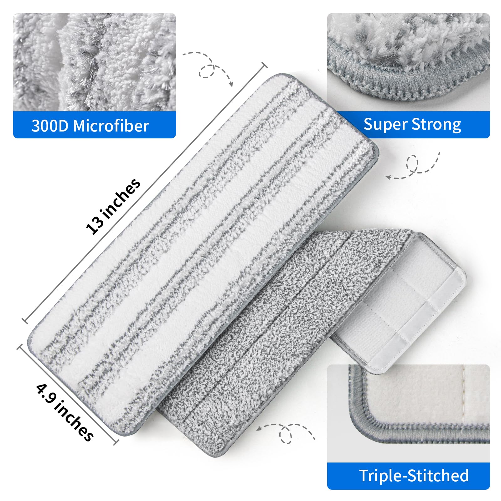 Oshang Flat Mop Head Refill, 13" X 4.9" Flat Mop Pads, Microfiber Mop Pads Flat Mop Replacement Heads (White and Grey)