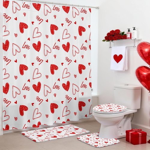 Lindameler 4Pcs Valentines Shower Curtain Set, Sweet Love Red Heart Shower Curtain with Non-Slip Washable Bath Rugs, Toilet Lid Cover Red Heart Valentines Bathroom Decor Accessory Set 72X72 Inch