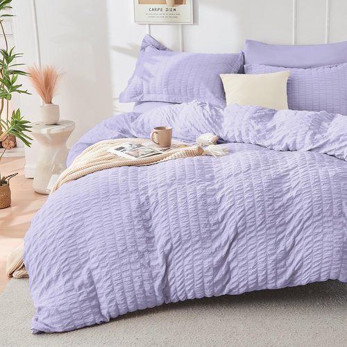 HYMOKEGE King Size Comforter Set - Light Purple Seersucker 7-Piece Luxury Bedding Set