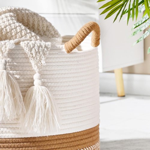 KAKAMAY Large Woven Blanket Basket - Cotton Rope Storage Hamper for Baby Laundry & Toys | White/Brown