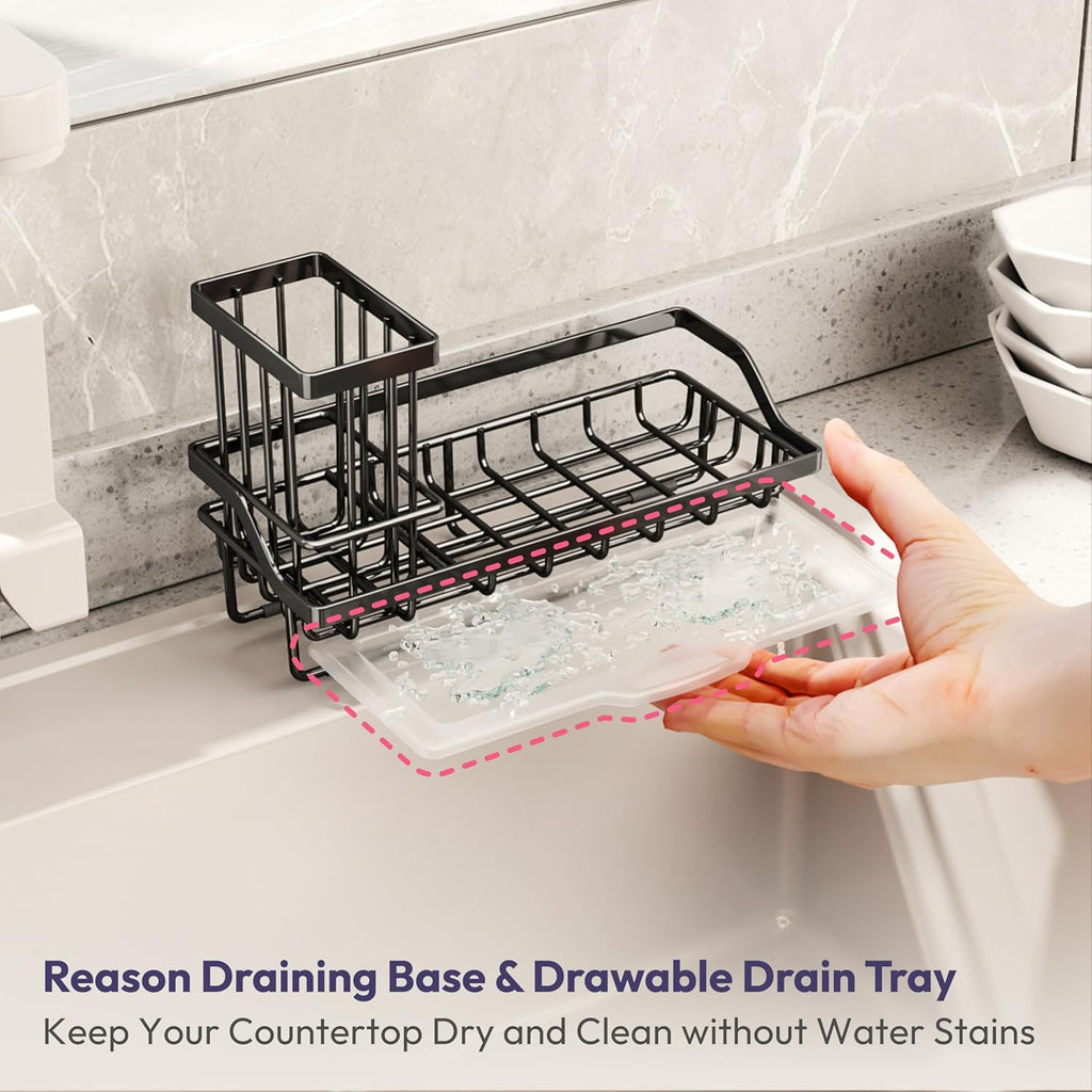 SWTYMIKI Sink Caddy Sponge Holder - Stainless Steel Kitchen Organizer for Soaps & Sponges | Black