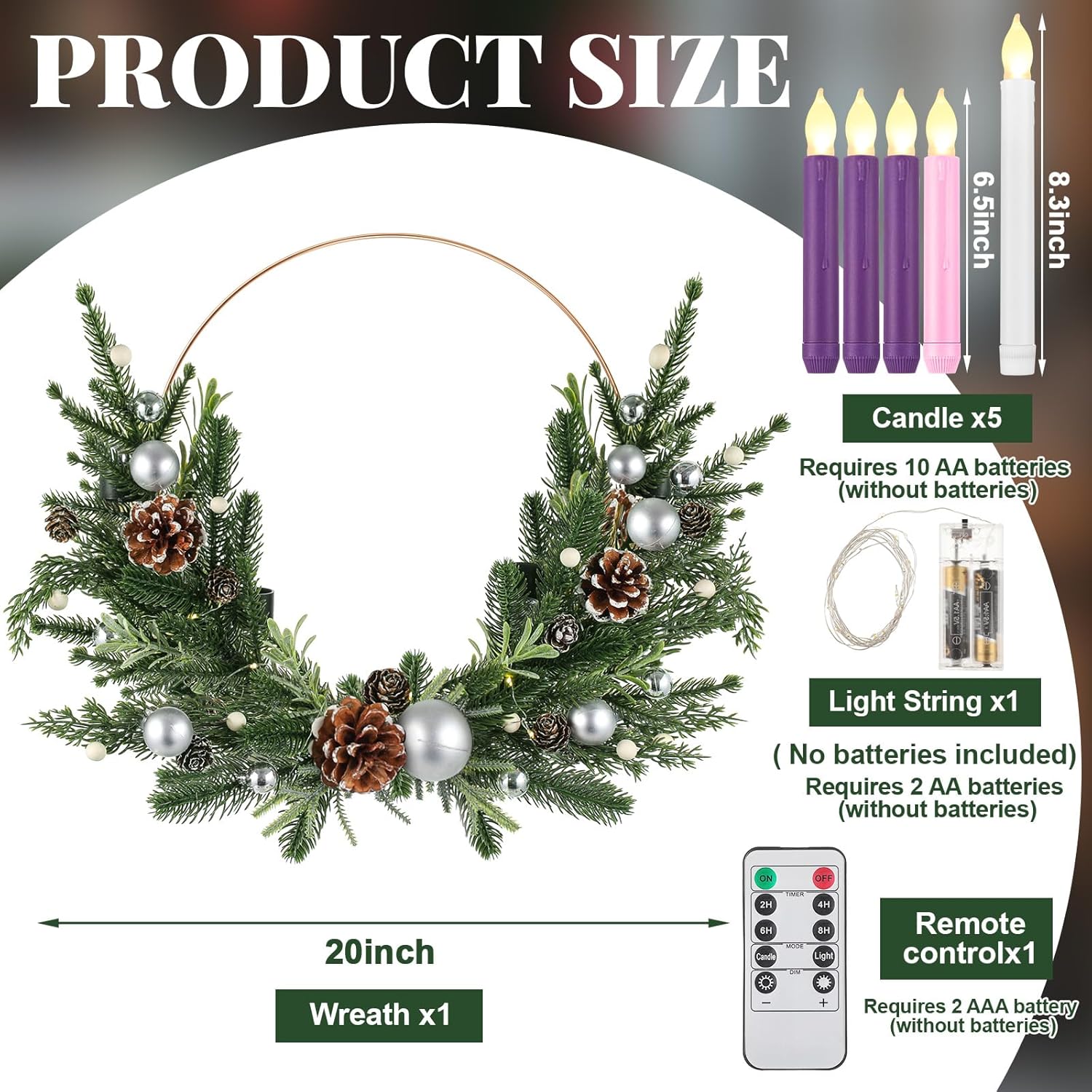 Suncalla Advent Wreath Set - 5 Flameless Candles with Timer Remote & LED String Lights | 20-Inch Pine Cone Decor
