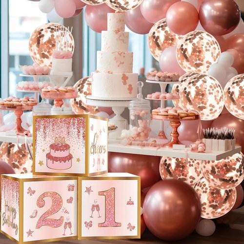 21st Birthday Decorations for Her,Happy 21st Birthday Decorations for Women Rose Gold 21 Boxes Decor for Girls Pink Rose Gold Foil Number Balloons Party Supplies Tassel Curtain