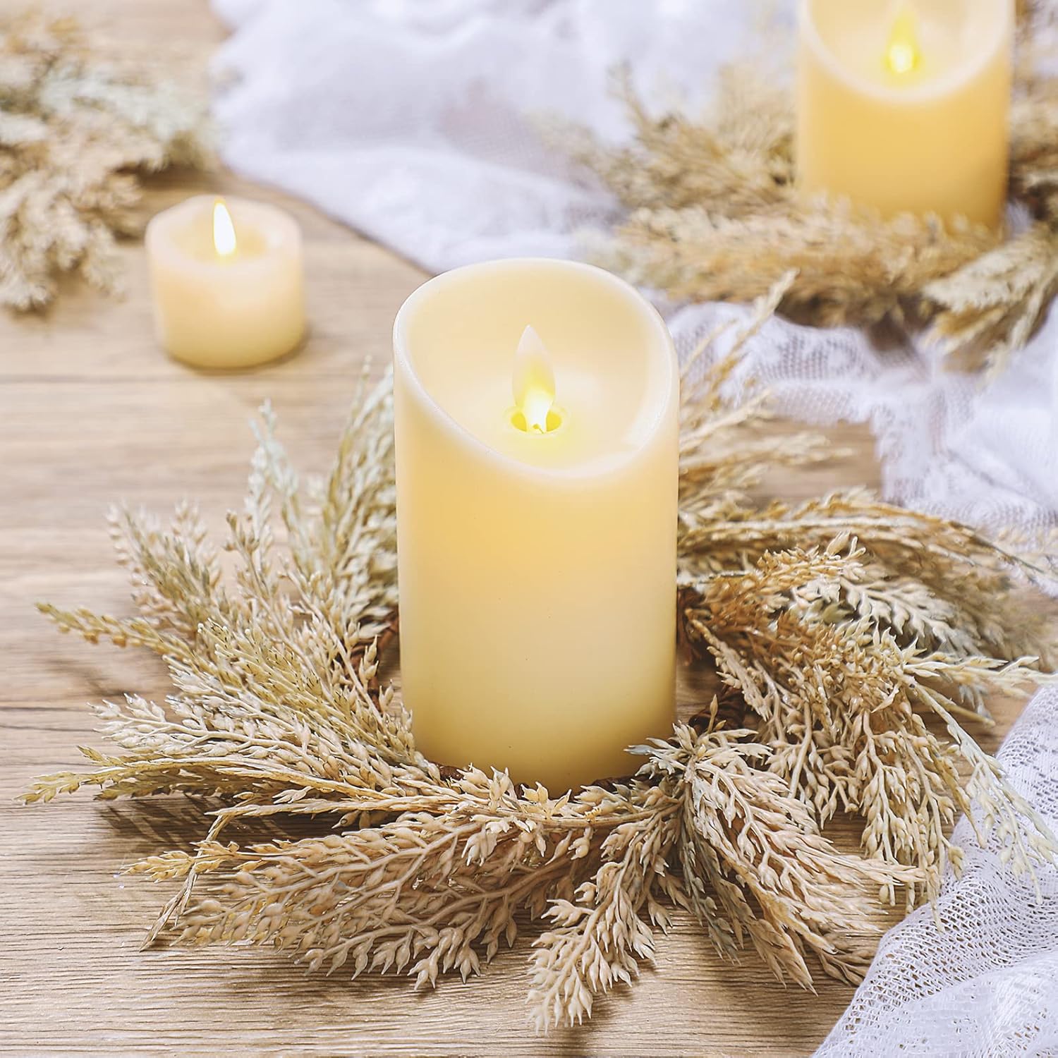 Panelee Pampas Grass Candle Rings - 4 Pcs Faux Greenery Wreaths for Boho Home Decor | 3.9 Inch Size