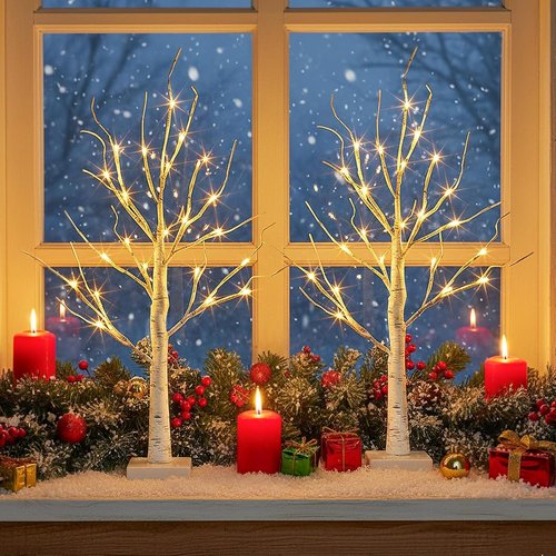 EAMBRITE Lighted Birch Tree - 24 LED Mini Tabletop Decorations | Battery Operated & USB, 2FT White Trees for Easter & Christmas Decor