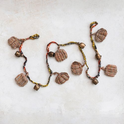 Creative Co-Op Decorative Hand-Woven Mélange Fabric Pumpkin and Metal Bell Garland, Multicolor and Antique Gold Finish