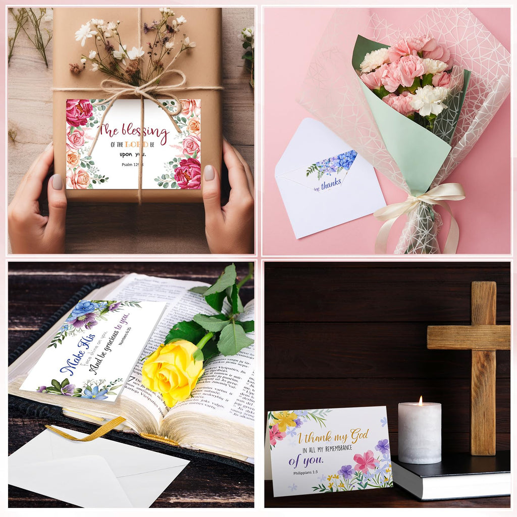 Affrolling 50 Pack Spring Religious Christian Thank You Cards Bulk with Scripture Envelopes Stickers Bible Verse Greeting Cards Encouragement Inspirational Baptism Notes 4x6 Inch, Watercolor Flower