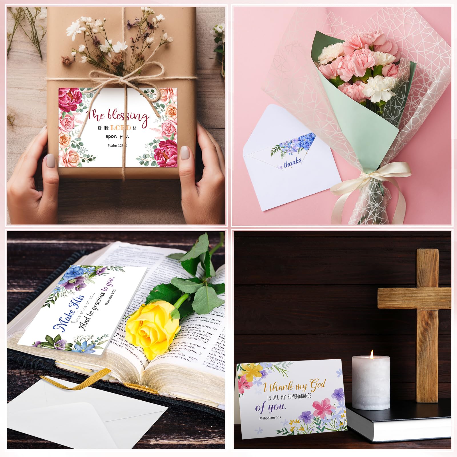 Affrolling 50 Pack Spring Religious Christian Thank You Cards Bulk with Scripture Envelopes Stickers Bible Verse Greeting Cards Encouragement Inspirational Baptism Notes 4x6 Inch, Watercolor Flower