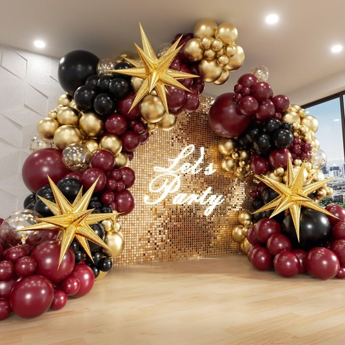 FOTIOMRG Burgundy Balloon Arch Garland Kit with Burgundy Maroon Black Gold Foil Balloons for Birthday Graduation Bridal Shower Party Decorations