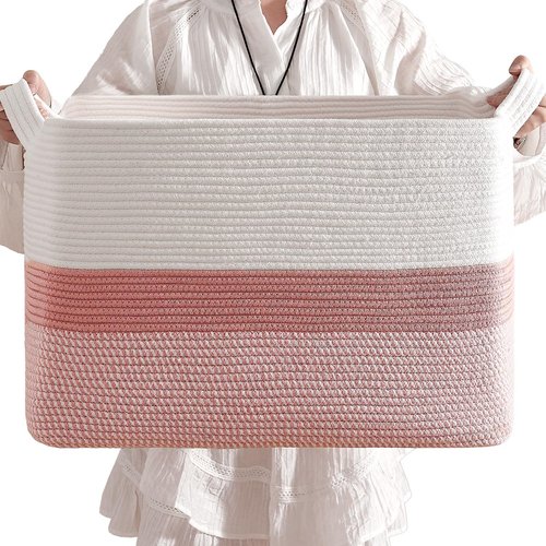 CLHMILY&Z Stylish Square Cotton Rope Storage Basket - Pink & White, 85L Capacity