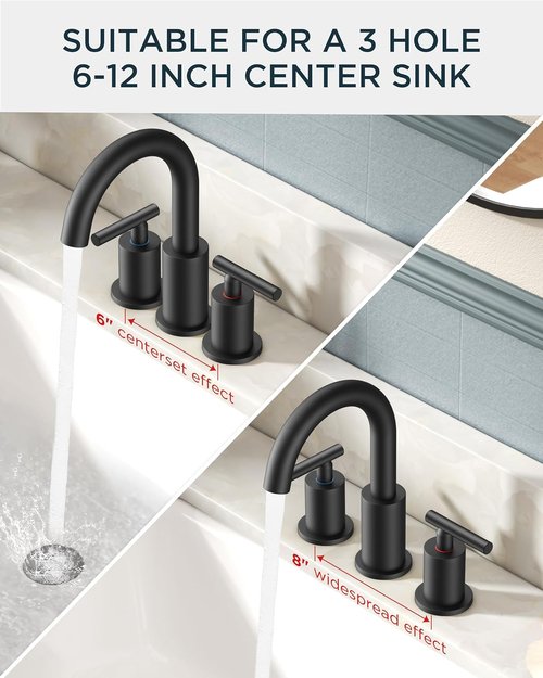 FORIOUS Black Bathroom Faucet - 8 Inch Widespread Matte Black Sink Faucet with 360° Swivel Spout | Includes Pop-Up Drain