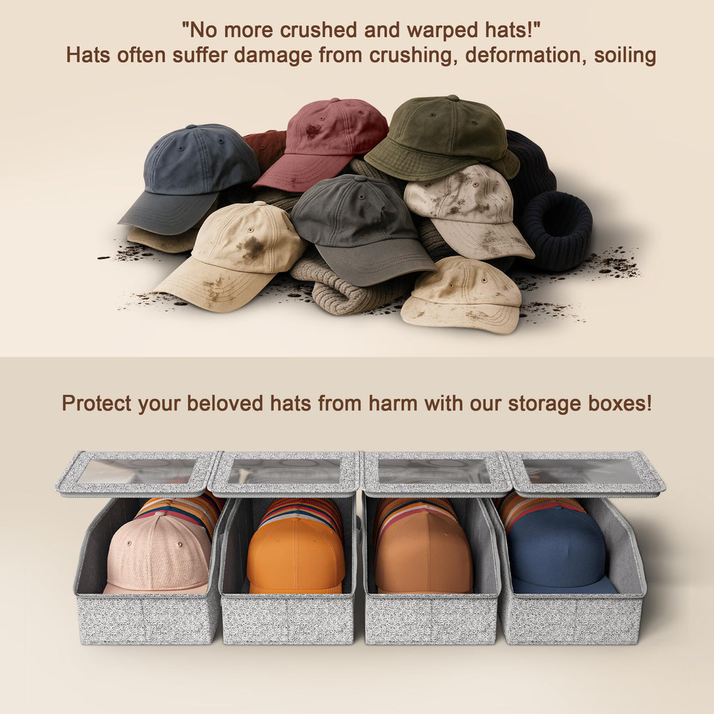 WYZJC 4 PCS Hat Organizer for Baseball Caps, Multi Functional Storage Box (Accommodates 48 Hats) with Visible Window and Zipper - Gray