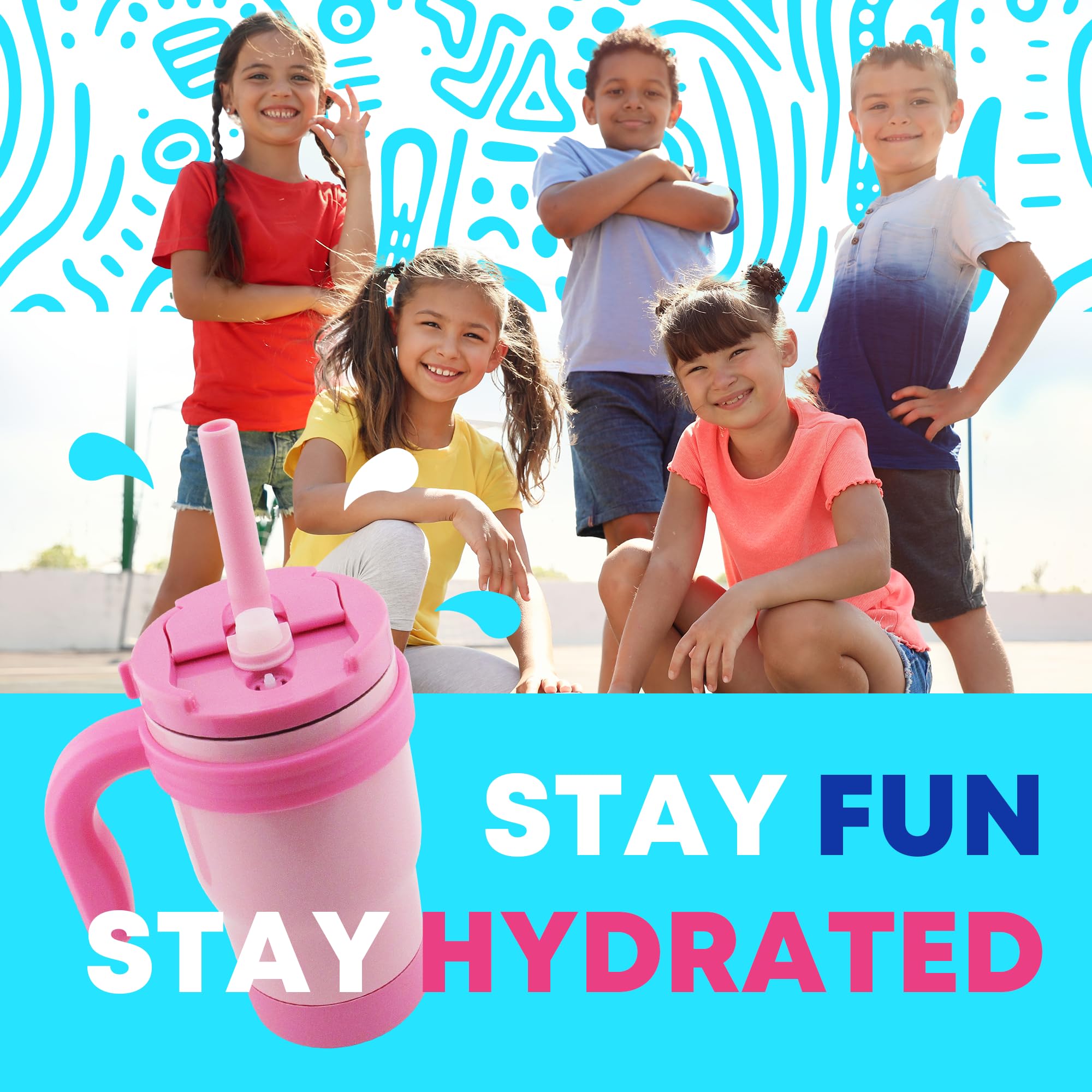 Boldstar Creations Kids Insulated Tumbler, 14 Oz, Double Wall, Integrated Handle, Straw, Flip Lid, Spill Proof (Blue) (Pink)