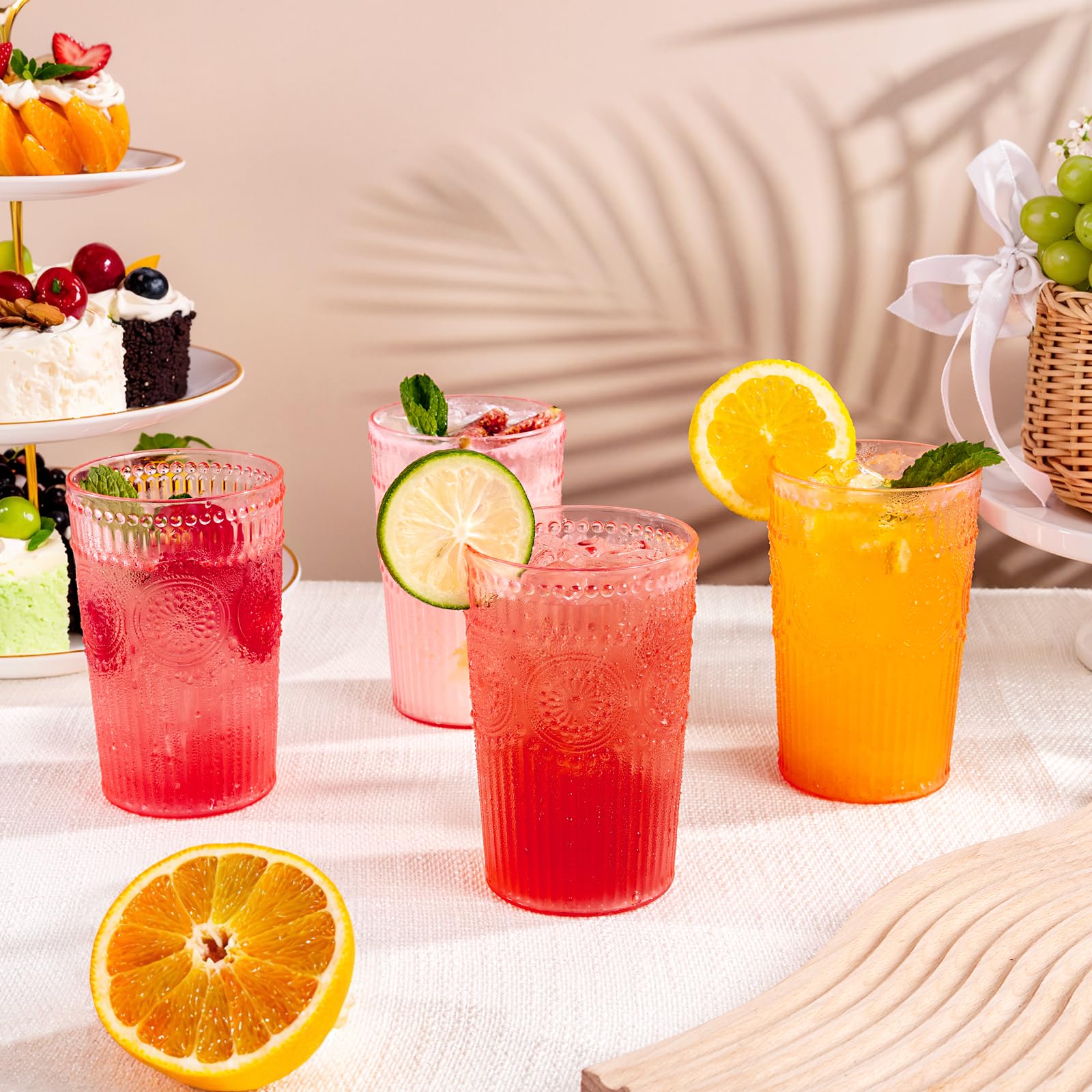 Ciaell 12 Pack Romantic Plastic Water Glasses - 14 Oz Pink Vintage Drinking Glasses, Embossed Ribbed Plastic Cups, Textured Striped Set for Juice, Beverages, Beer, Cocktail & Mother's Day