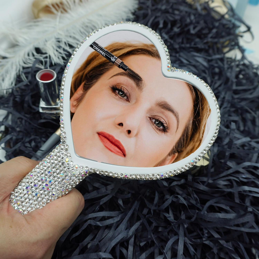 Skiennix Large Rhinestone Handheld Mirror - Dazzling Glitter Design for Weddings | Silver & White