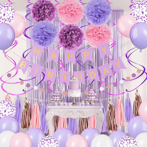 Purple Happy Birthday Party Decorations for Women Girls with Happy Birthday Banner,Paper Tassel,Tissue Paper Pompoms, Hanging Swirl,Circle Garland,Balloons for Party Decor