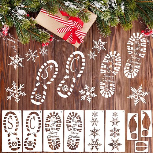 FOIMAS Christmas Santa Footprint Stencil Set - 9 Large Snowflake Templates for Festive Floor Decor