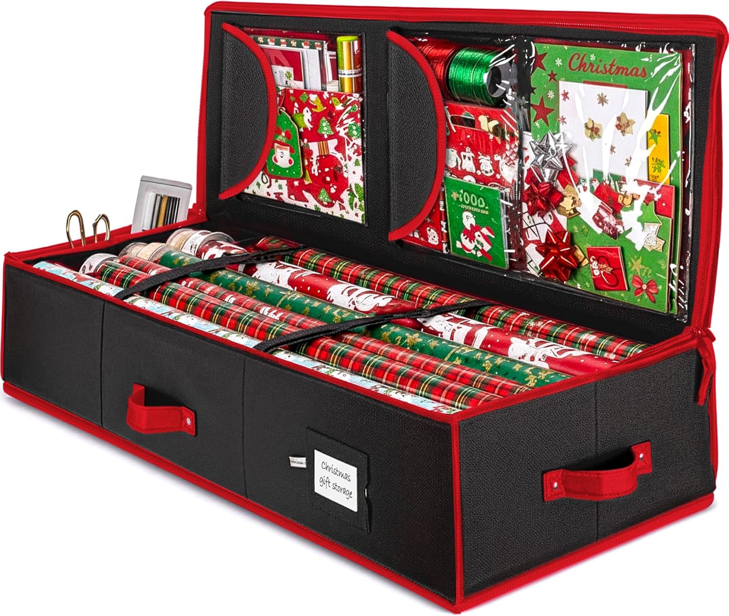 ZOBER Gift Wrapping Paper Organizer - 40" Storage for 24 Rolls with Pockets for Bows & Ribbons | Black/Red 600D Oxford