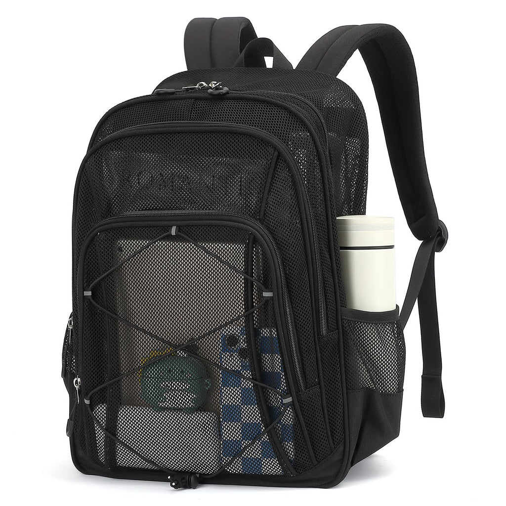 Sisipoet Mesh Backpack, Heavy Duty Mesh Bookbag for Girls Boys Kids, See Through Clear Backpacks, Net Backpack Transparent Breathable for School Beach Swim Travel Outdoor, Black