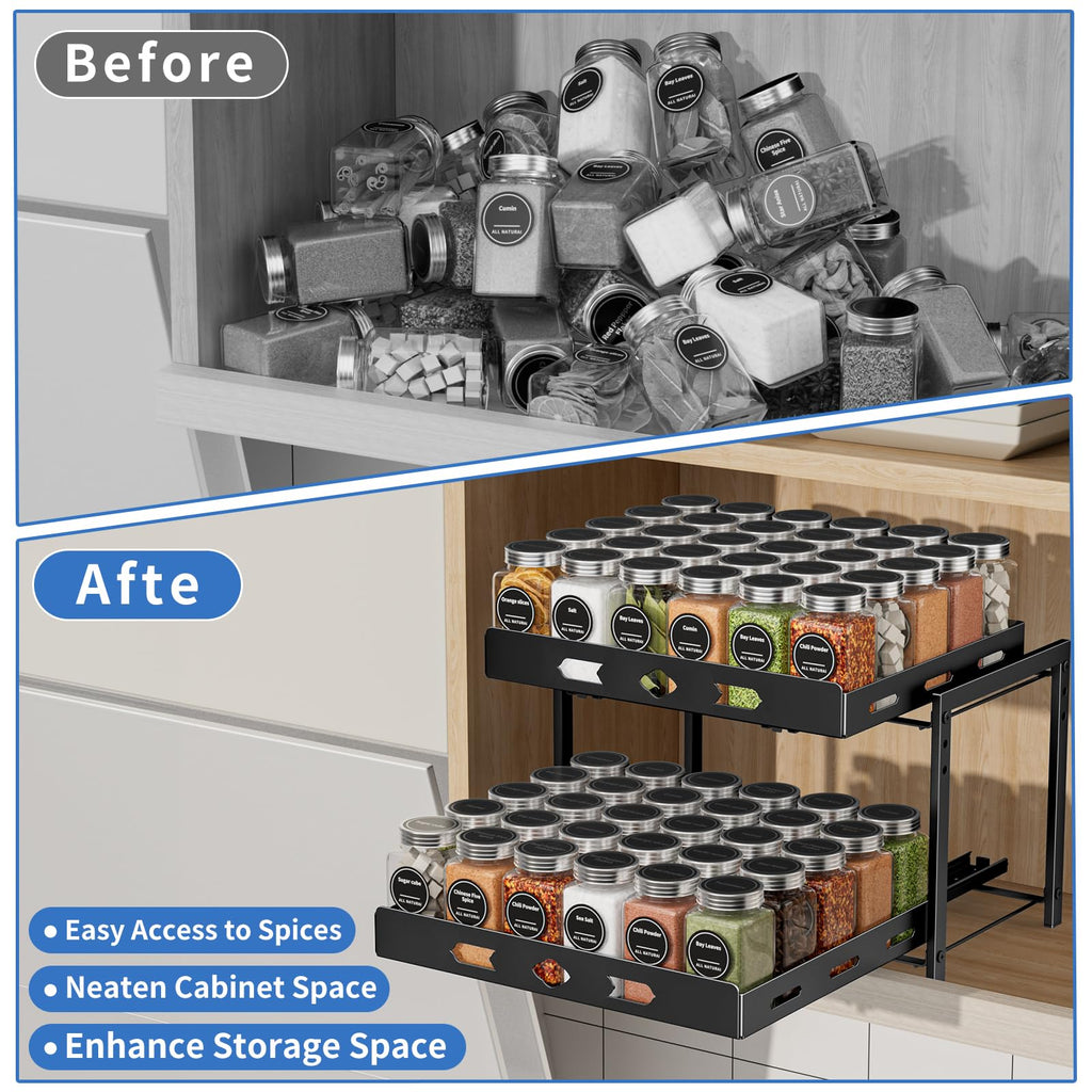 BOIVSHI Spice Organization for Cabinet, 2-Tier Cabinet Spice Rack, Height Adjustable Vertical Spice Rack Pull Out for Kitchen, Cabinet, Pantry (14.1''Wx10.8''Dx9.2''H, Metal Black)