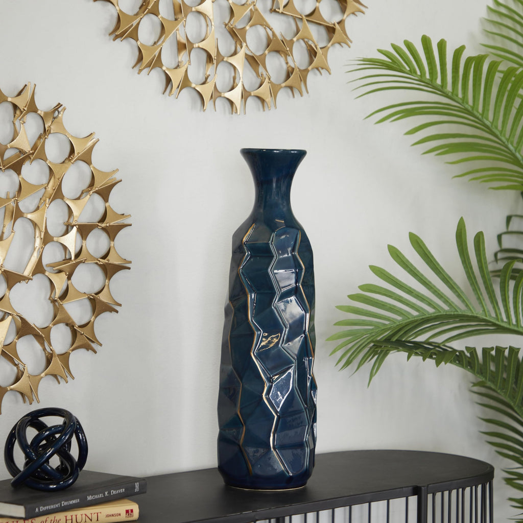 Deco 79 Ceramic Decorative Vase Faceted Centerpiece Vase with Gold Accents, Flower Vase for Home Decoration 6" x 6" x 21", Teal
