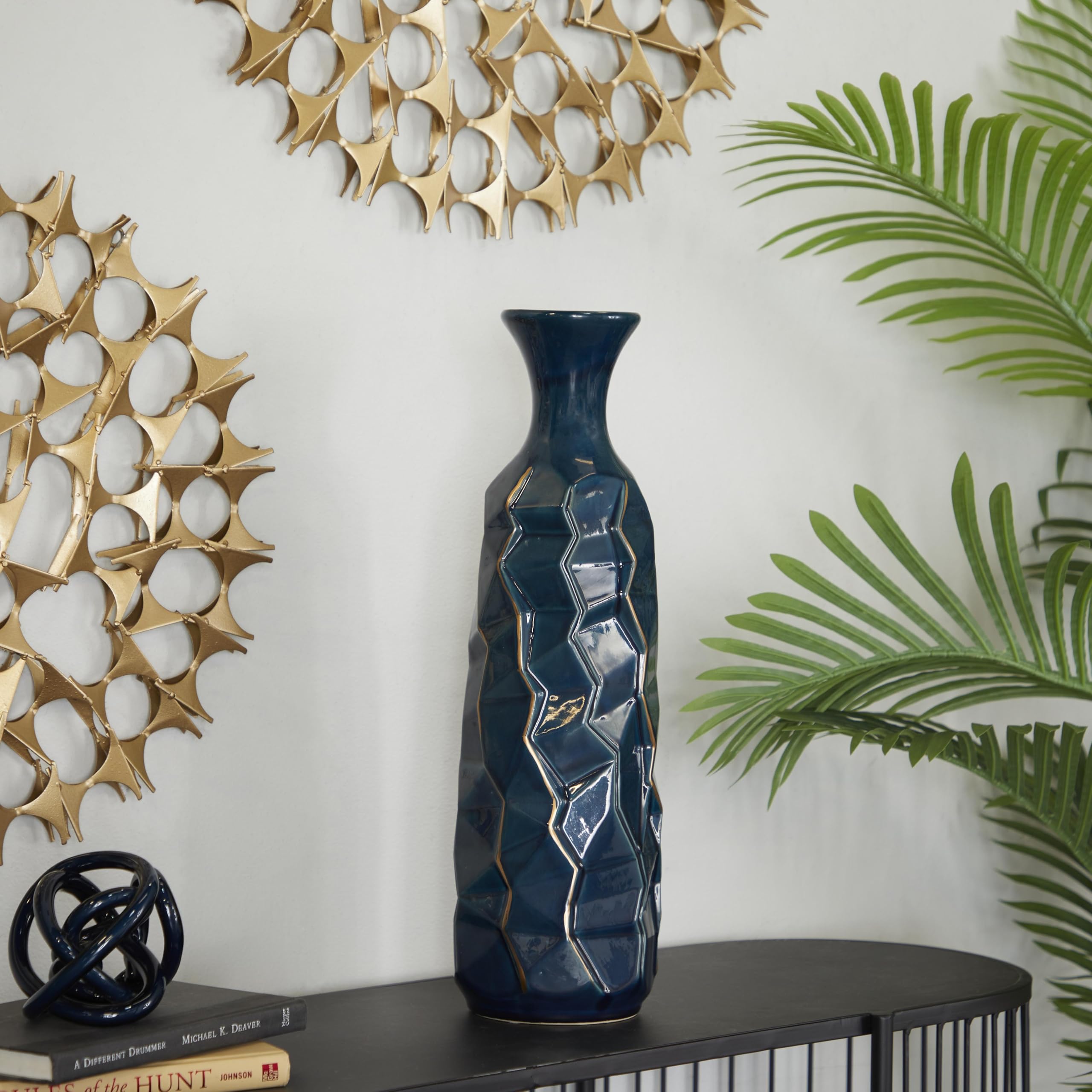 Deco 79 Ceramic Decorative Vase Faceted Centerpiece Vase with Gold Accents, Flower Vase for Home Decoration 6" x 6" x 21", Teal