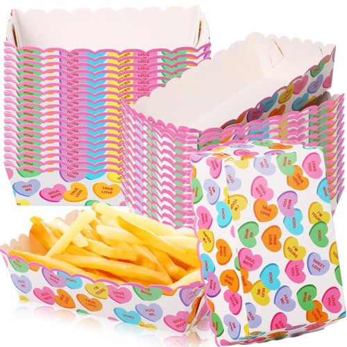 Dunzoom 60 Pcs Valentine's Day Food Trays Paper Bowls Valentines Popcorn Boxes Pink Red Love Galentines Heart Plate Disposable Snack Nacho Serving Boat Holder for Movie Night Party Supply(Fresh)