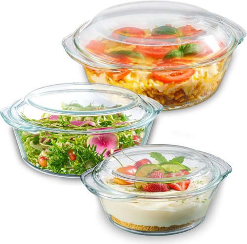 Le'raze 6-Piece Glass Tureen Bakeware Set - Durable Borosilicate Dishes with Lids, Microwave Safe, Clear Casserole Cookware