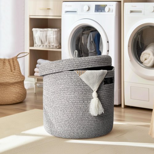 WILLITAT Storage Basket with Lid, Woven Blanket Storage for Living Room, Soft Cotton Rope Bin with Lid, Round Wicker Laundry Basket with Cover, Lidded Kid Dog Toy Box, Nursery Organizer, 15"x13", Gray