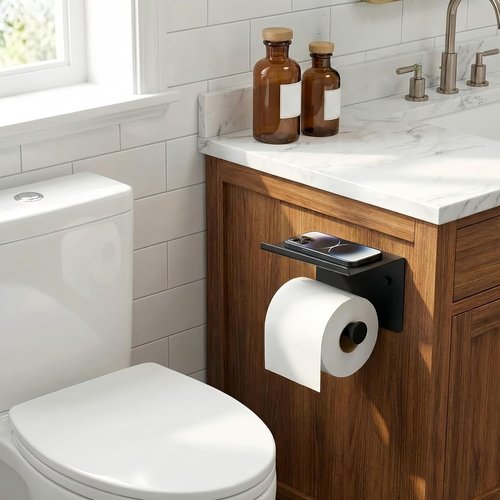 FORIOUS Toilet Paper Holder - Matte Black Stainless Steel with Shelf | Adhesive or Screw Mount