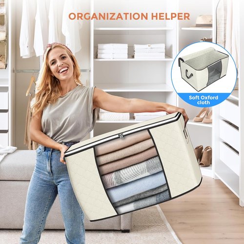 90L Large Storage Bags by [Brand Name] - Foldable Closet Organizers with Reinforced Handles | Beige, 4 Pack for Clothes, Blankets, and Toys