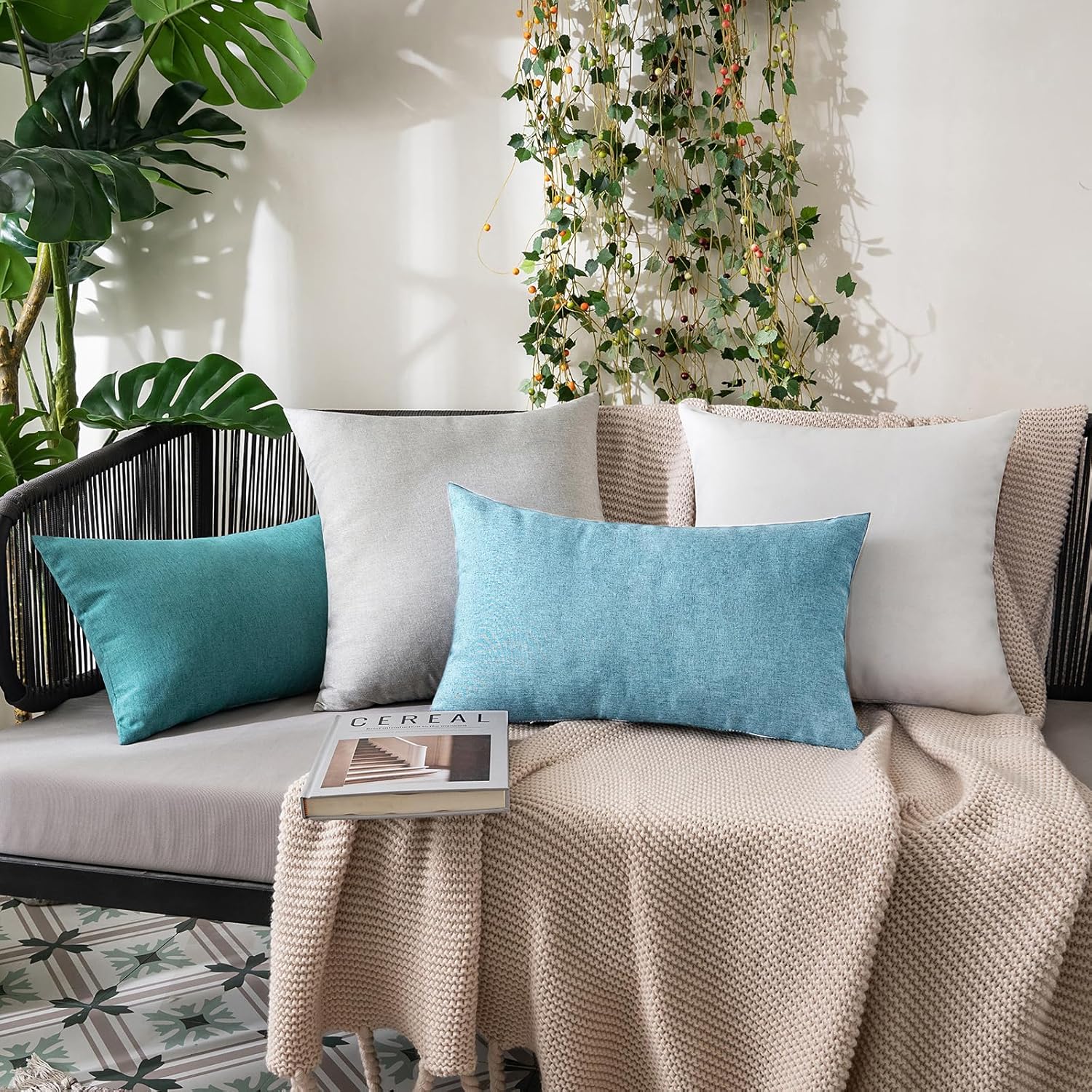 MIULEE Decorative Outdoor Throw Pillow Covers - Waterproof Faux Linen Cushion Cases | 20x12 Inch, Blue Gray, Pack of 2