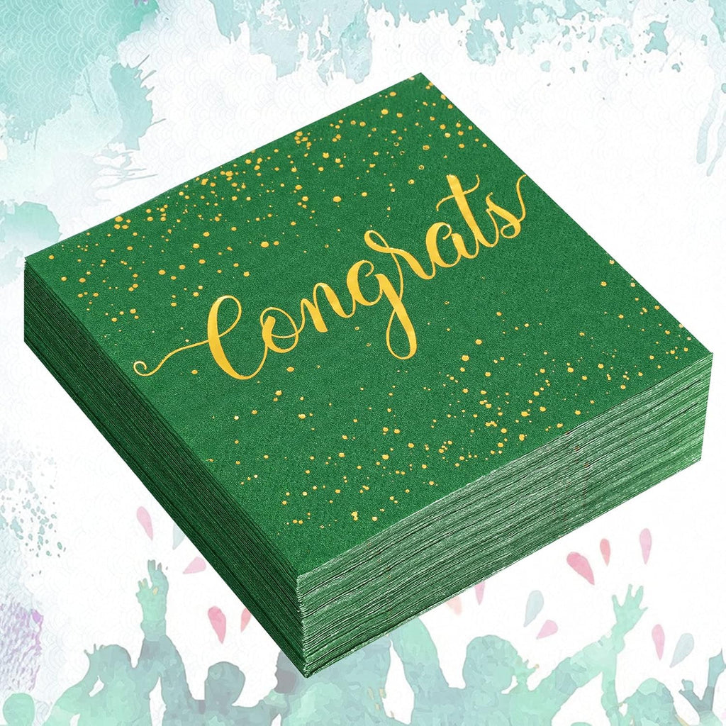 Whaline Graduation Cocktail Napkins - 80 Pack Green & Gold Foil Congrats Design | Disposable Tableware