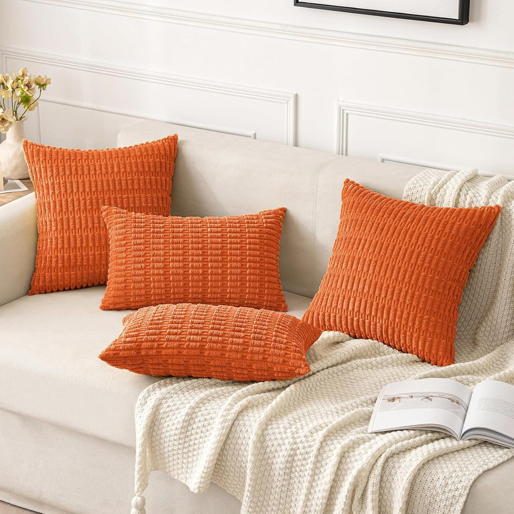 MIULEE Decorative Pillow Covers - Soft Orange Corduroy | Pack of 2, 18x18 Inch, Boho Striped Design for Home Decor
