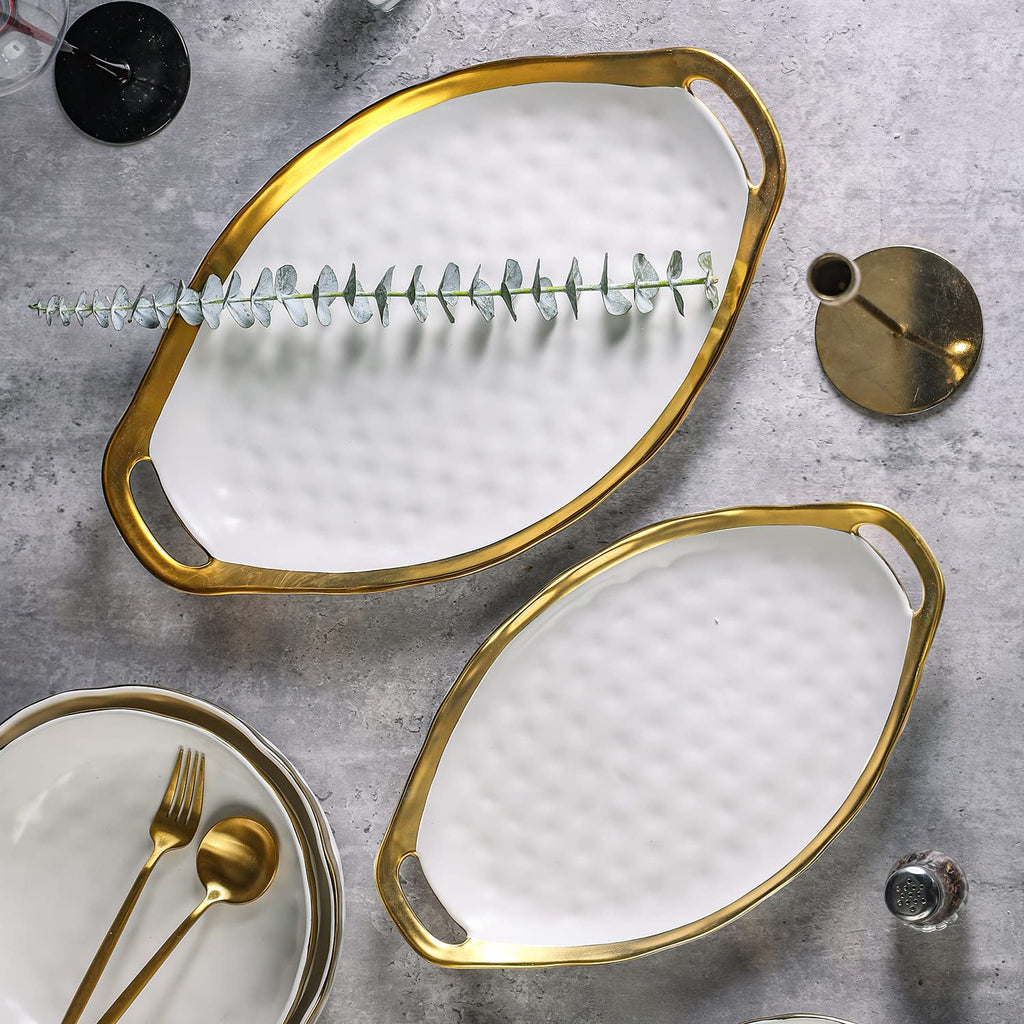 Stone Lain Florian Porcelain Large and Medium Oval Platters with Handle, Service Set, White with Gold Rim