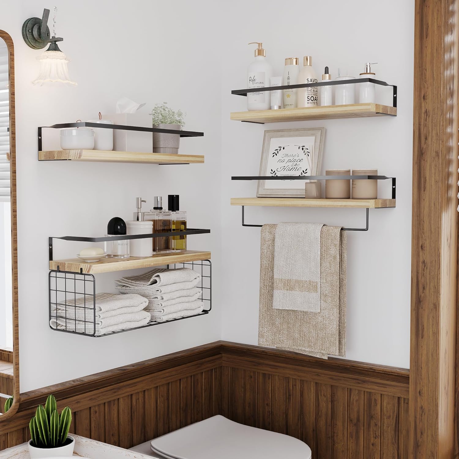Wood Floating Shelves - Rustic Wall-Mounted 4-Tier Bathroom Shelves with Wire Basket & Towel Bar